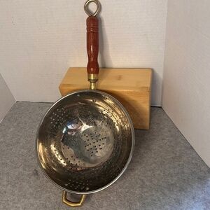 Vintage Copper Brass Strainer With Wooden Handle 17x9x3.5”